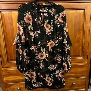 White HouseBlack Market Long-sleeve Black and Pink Floral Shift Dress